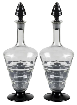Art Deco Glass Bottles with Black Cap and Base, Italy, Set of 2