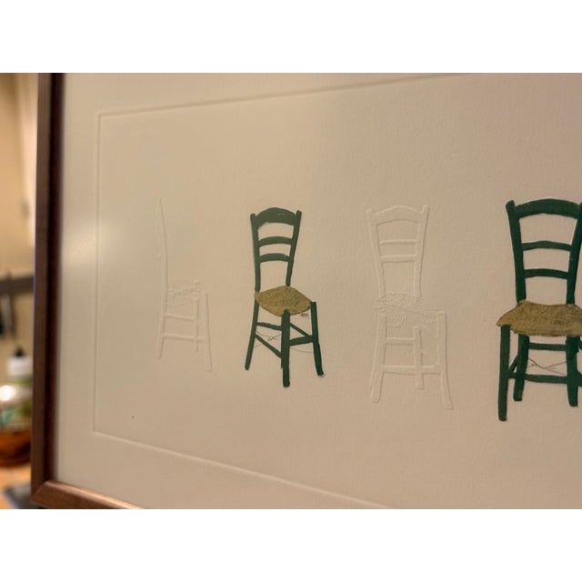 Wood Vintage Greece 7 Embossed and Hand Painted Chairs Original Framed Art For Sale - Image 7 of 15