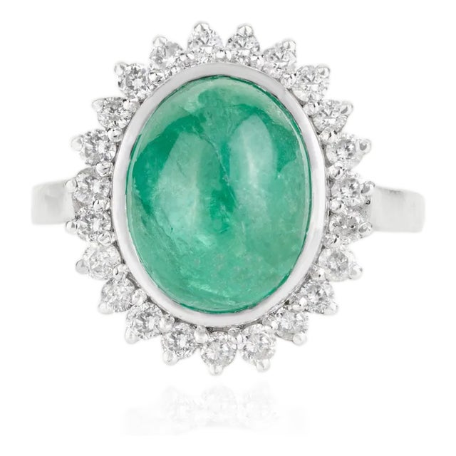 8.8 Carat Emerald & Diamond Halo Silver Engagement Ring, Size 6.5 For Sale