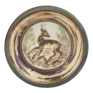 Vintage Round Stoneware Dish with Relief of Deer by Knud Kyhn for Royal Copenhagen, 1970s For Sale