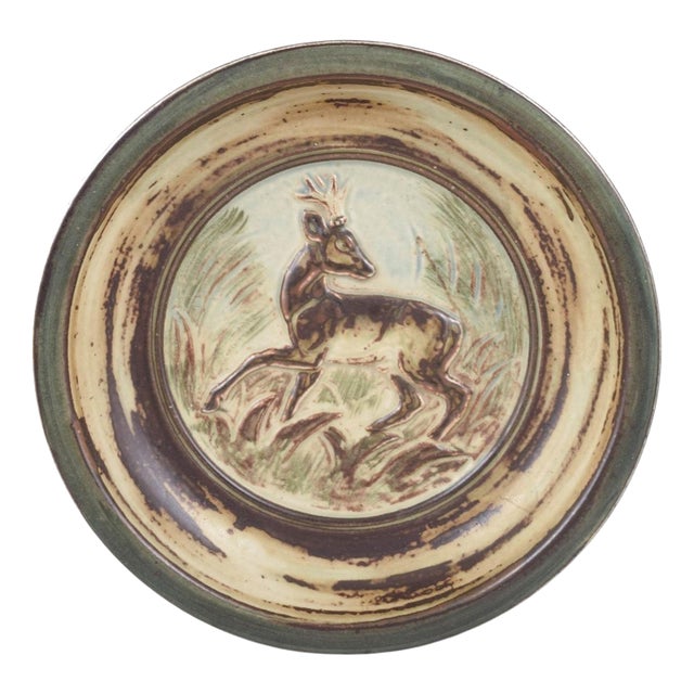 Vintage Round Stoneware Dish with Relief of Deer by Knud Kyhn for Royal Copenhagen, 1970s For Sale