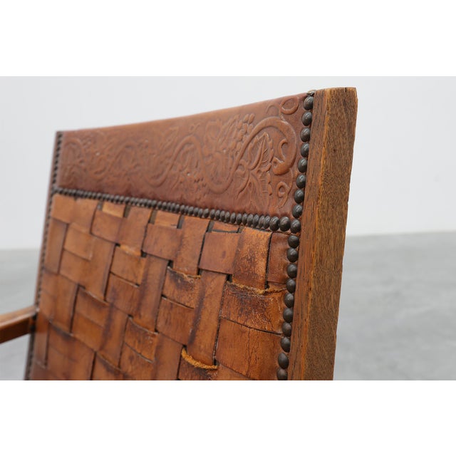 Art Deco Oak Lounge Chair with Woven Leather Back and Ochre Velvet, Belgium, 1920s For Sale - Image 3 of 15
