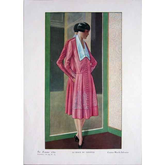 This is a vintage fashion illustration, print. The piece was made circa 1920. La Femme Chic 184, La Grace Du Taffetas,...