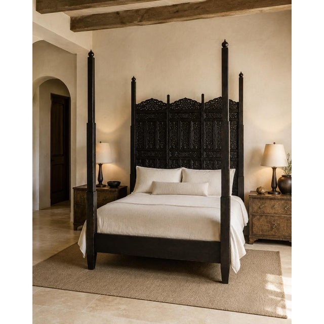 English Hand-Carved Indo-Portuguese Moorish Queen Four-Poster Bed, India, 2000 For Sale - Image 3 of 14
