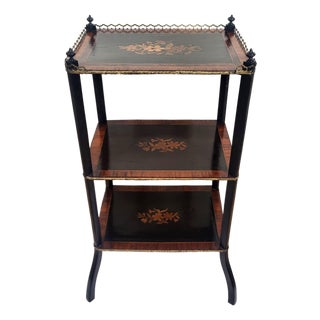 19th C French Inlaid 3 Tier Rosewood Ebony & Bronze Gallery Table Stand Etegere For Sale