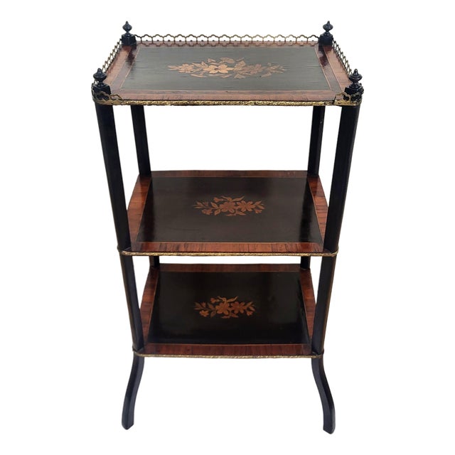 19th C French Inlaid 3 Tier Rosewood Ebony & Bronze Gallery Table Stand Etegere For Sale
