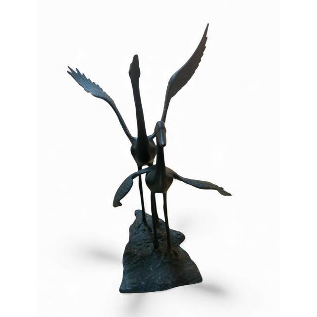 Metal Mid-Century Modern Verdigris Bronze Crane & Heron Sculpture on Faux Stone Base For Sale - Image 7 of 10