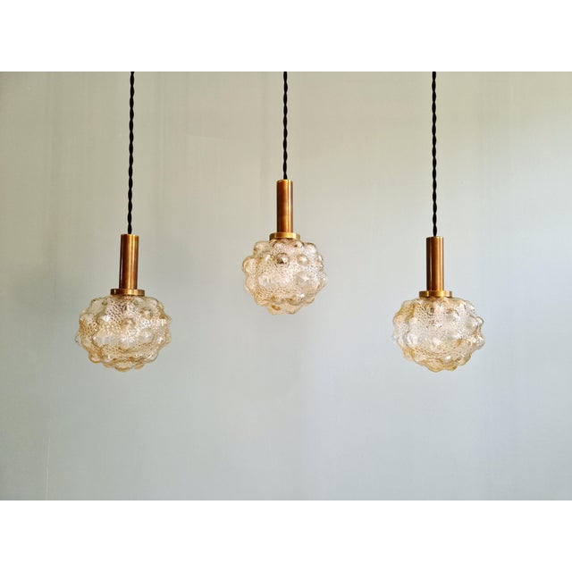 Metal Amber Bubble Glass Pendant Light by Helena Tynell for Glashütte Limburg, 1970s, Set of 3 For Sale - Image 7 of 18