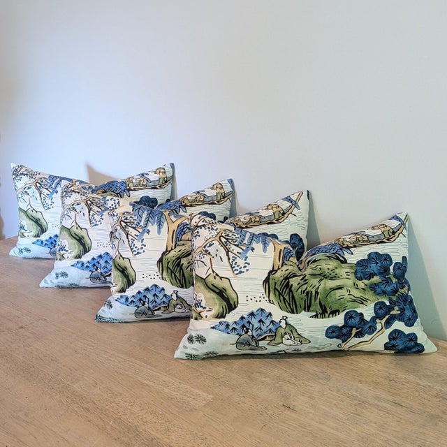 Textile Custom - Thibaut Asian Scenic Blue & Green Lumbar Pillows For Sale - Image 7 of 7