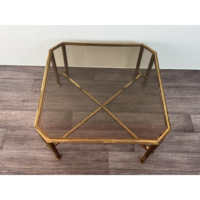 Mid-Century Modern Vintage Hollywood Regency Style Brass and Smoked Glass Coffee Table, 1970s For Sale - Image 3 of 17