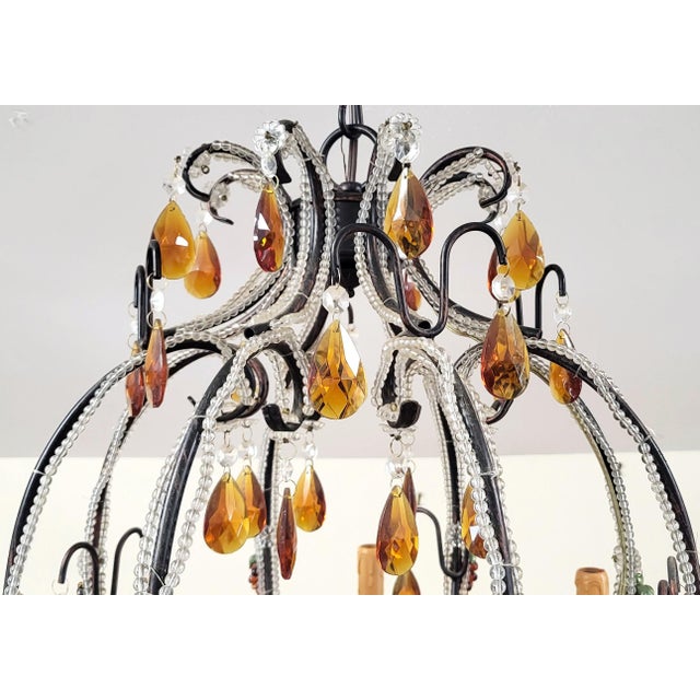 Metal Vintage Italian Designer Beaded & Amber Glass Hot Air Balloon 8 Light Chandelier For Sale - Image 7 of 17