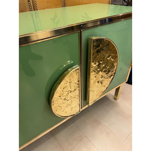 Contemporary Credenza With Green Glass and Brass Fittings and Handles For Sale - Image 3 of 10