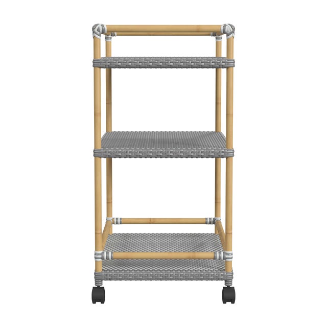 2020s Tobias 24 in. W Outdoor Rattan and Metal 3 Tier Bar Cart, Gray/White Dot / Natural Rattan Frame For Sale - Image 5 of 7