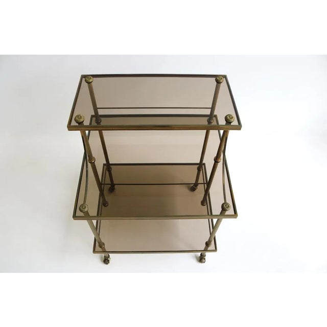 Mid-Century Modern Mid-Century French Brass & Smoked Glass Three Tiered Drinks Trolley, 1970s For Sale - Image 3 of 11