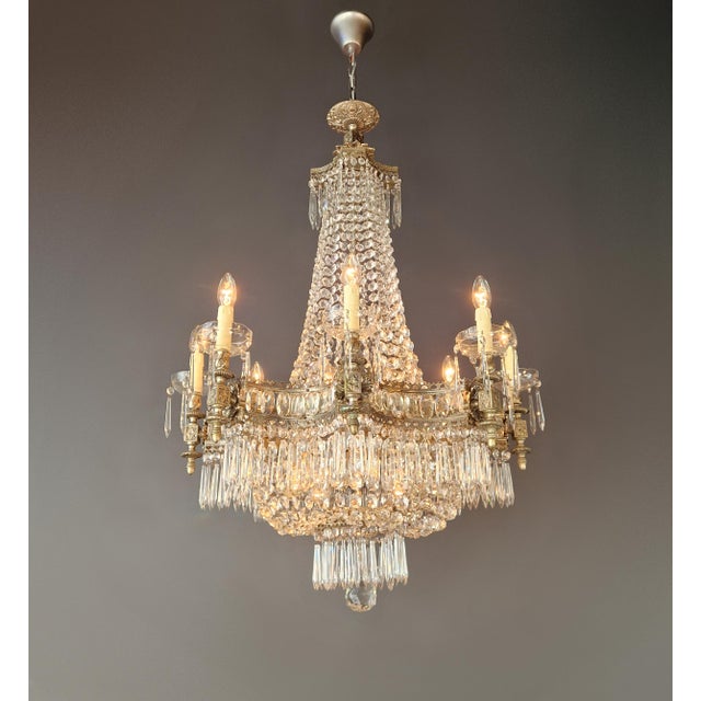 Art Deco 1930s Art Deco Crystal Chandelier Silver Serpentine Form Restored Antique Brass For Sale - Image 3 of 16
