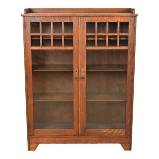 Lifetime Furniture Mission Oak Arts & Crafts Glass Front Double Bookcase Cabinet, Circa 1900 For Sale