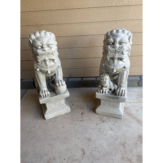 Monumental 34" Vintage Cast Statue/Sculpture Concrete Foo Dog Guardian Lions - A Pair For Sale In Boise - Image 6 of 6