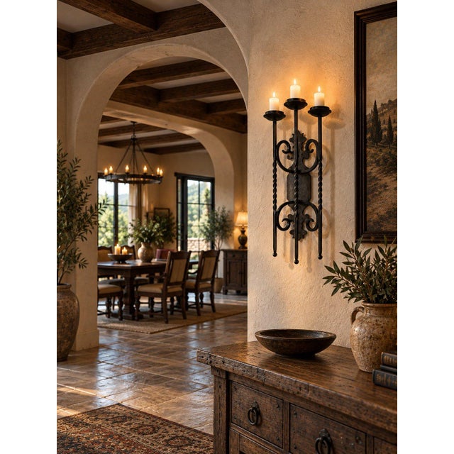 Vintage Gothic Style Black Wrought Iron 3-Light Wall Sconce Electric Candles For Sale - Image 4 of 4