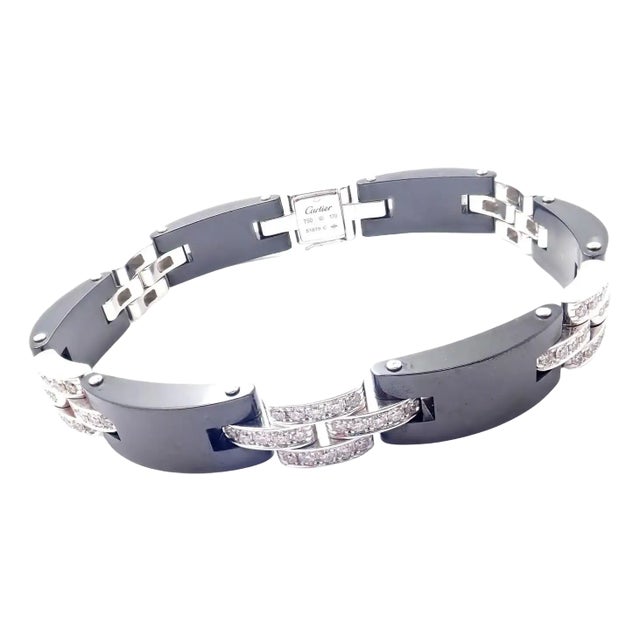 1990s Cartier Maillon Panthere Diamond Ceramic White Gold Link Bracelet For Sale