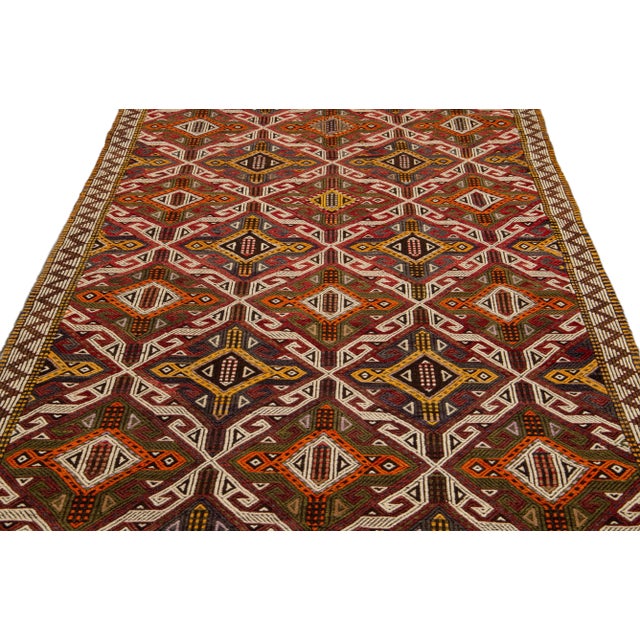 Indian 1960s Vintage Indian Sumack Handmade Brown Geometric Wool Rug For Sale - Image 3 of 9