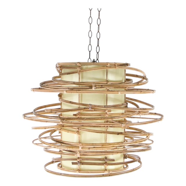 Vintage Rattan and Fabric Pendant Light For Sale