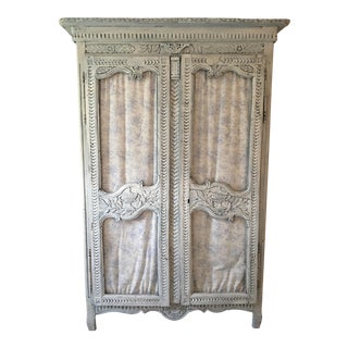 French Birdcage Doors & Blue Toile Upholstery Armoire For Sale