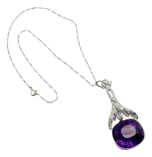 Early 20th Century Vintage Estate Diamond Large Amethyst Art Deco Platinum Pendant Necklace