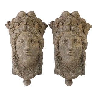 Pair of Vintage Neoclassical Cast Stone Maiden Wall Pockets For Sale