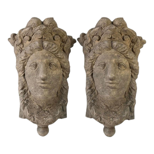 Pair of Vintage Neoclassical Cast Stone Maiden Wall Pockets