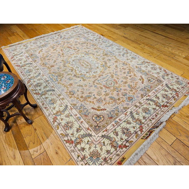 Persian Tabriz Rug, Hand-Knotted Wool & Silk, Floral Design Taupe & Pale Green, 7x10 For Sale - Image 10 of 18