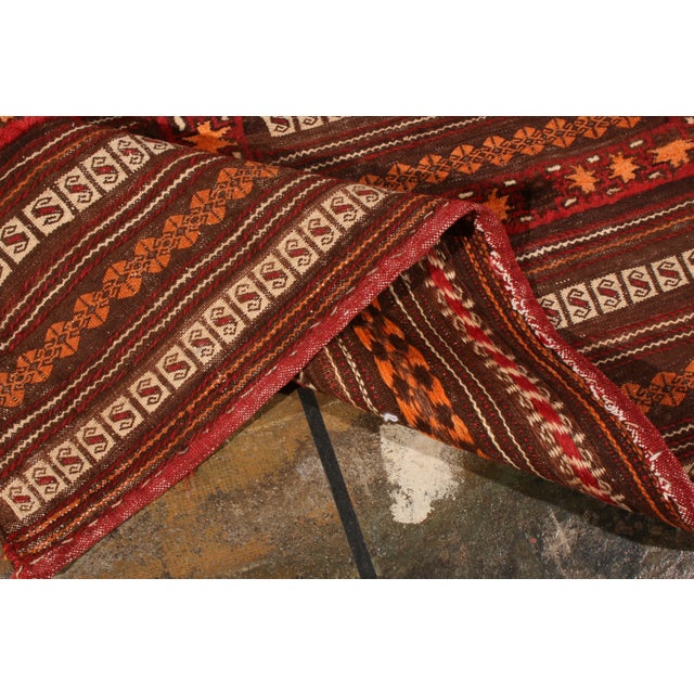 Textile Vintage Kilim Striped Beige-Brown Orange Embroidery Angora Wool Flat Weave For Sale - Image 7 of 8