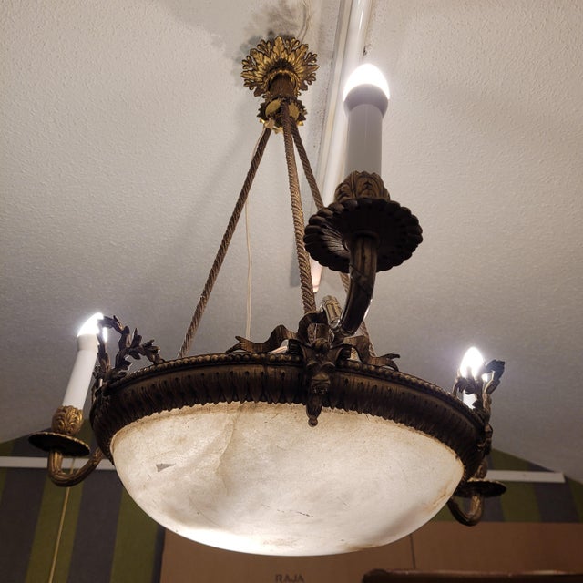 1930s Early 20th Century Art Nouveau Ceiling Lam in Alabaster and Gilt Bronze, France, 1930s For Sale - Image 5 of 18