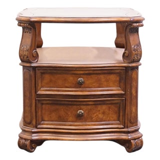 Drexel Heritage Talavera Collection Walnut Contemporary Spanish Mediterranean 27" Square Glass Topped Accent End Table For Sale