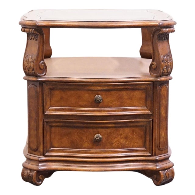 Drexel Heritage Talavera Collection Walnut Contemporary Spanish Mediterranean 27" Square Glass Topped Accent End Table For Sale