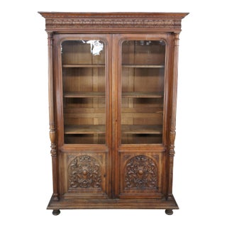 Mid 19th Century Antique French Renaissance Armoire Linen Press Library Bookcase China Cabinet For Sale