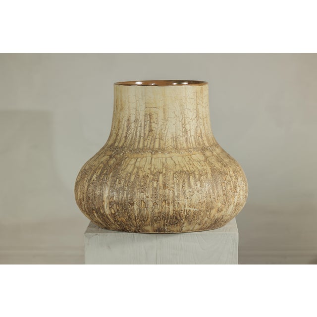 Large Artisan Studio Ceramic Vase with Textured Cream and Earth-Tone Glaze For Sale - Image 18 of 18