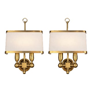 Italian Brass Two-Light Wall Sconces With Original Ivory Shades - Pair For Sale