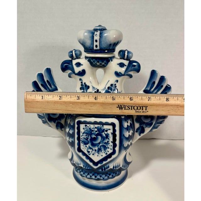 Ceramic Vintage Gzhel Porcelain of Russia Coat of Arm Double Headed Eagle Hand Painted Decanter For Sale - Image 7 of 7