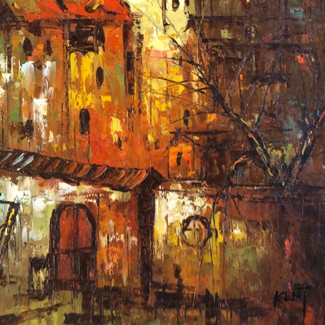 1960s Mid Century Modern Abstract Cityscape Carved Original Frame Signed For Sale - Image 5 of 7