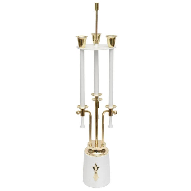 Mid Century Modern Parzinger Style Brass & White Lacquered Metal Tall Table Lamp, Restored For Sale - Image 11 of 11