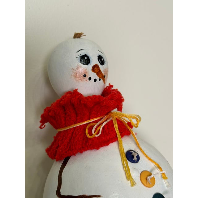 Traditional Vintage Arts & Crafts Holiday Snowman Hand Painted Gourd Art in White, Red & Black For Sale - Image 3 of 8