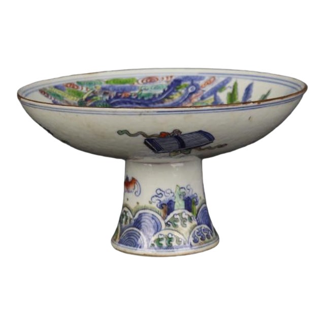 Chinese Vintage Ceramic Stem Bowl,Ming Dynasty Jiajing Marked Blue and White Famille Verte Porcelain Stem Bowl Hand Painted Kylin Phoenix Pattern For Sale