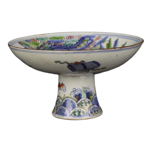 Chinese Vintage Ceramic Stem Bowl,Ming Dynasty Jiajing Marked Blue and White Famille Verte Porcelain Stem Bowl Hand Painted Kylin Phoenix Pattern