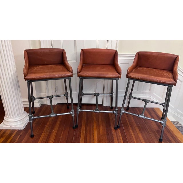 Contemporary Industrial Leather Bar Stools Set of 3 Chairish