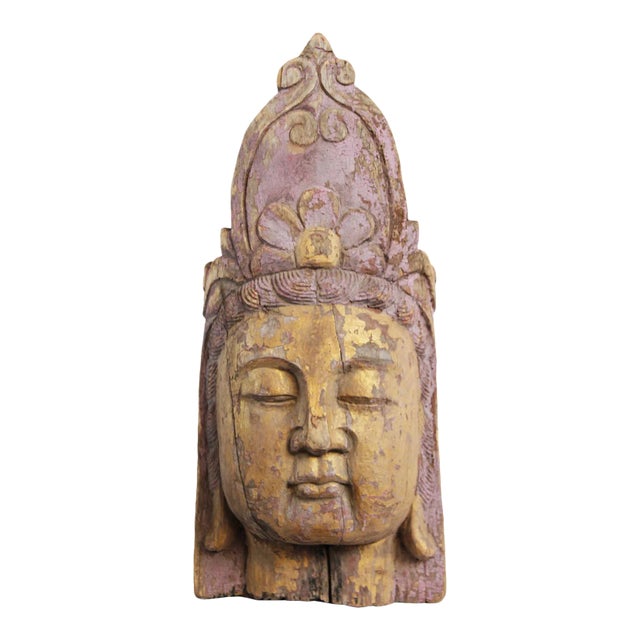 Antique Asian Wood Quan Yin Head For Sale