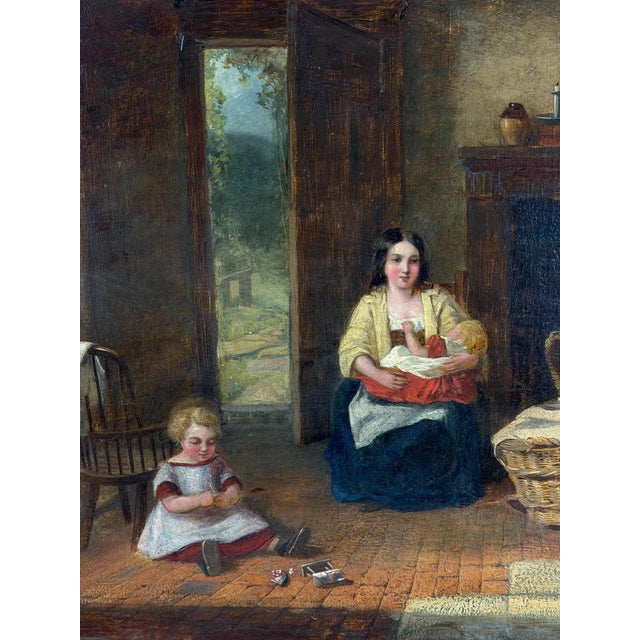 British Artist, Victorian Cottage Interior with Mother and Children, 1860-1870, Oil on Canvas For Sale - Image 16 of 18