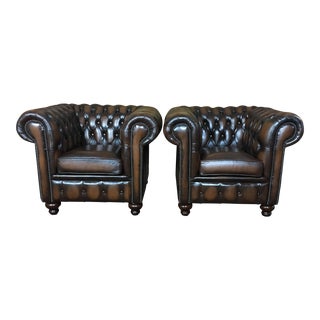 Vintage Mid-Century English Leather Chesterfield Club Chairs - a Pair, Tobacco Brown For Sale