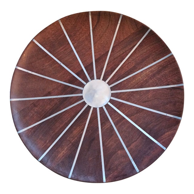 Paul Evans Large Round Walnut Platter With Sunburst Pewter Inlay For Sale