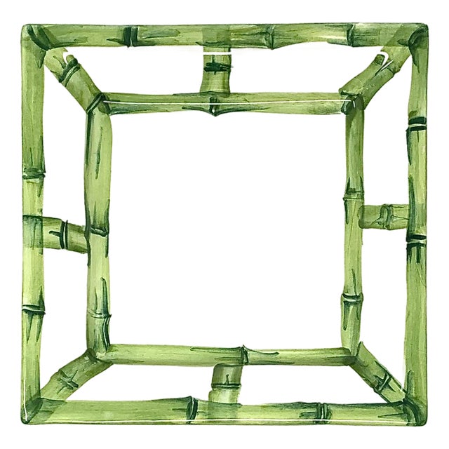 Fret Rim Tray — Italian Hand-Painted Ceramic, Bamboo Motif, Green For Sale