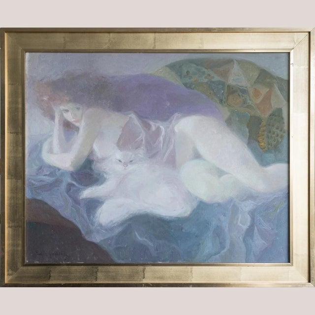 Emilia Castañeda Martínez, Female Figure with Cat, 1970s, Oil on Canvas For Sale - Image 3 of 9